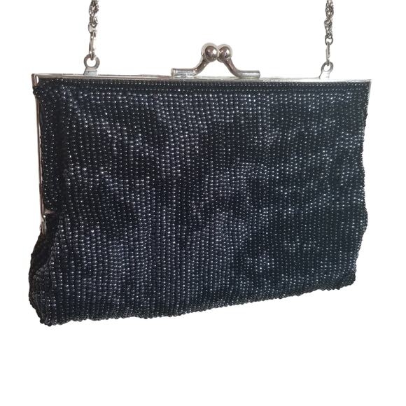 Vintage Beaded Black Evening Bag Shoulder Handbag Convertible to Clutch - Picture 1 of 4